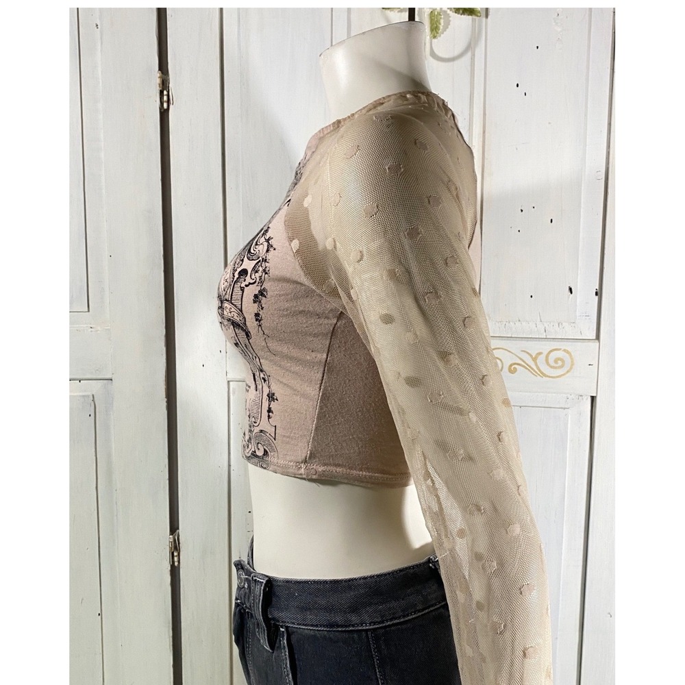 Pink‎ Pastel Goth Vintage Caution Label Crop Tee w/Mesh Bell Sleeves Size Small - Picture 7 of 10